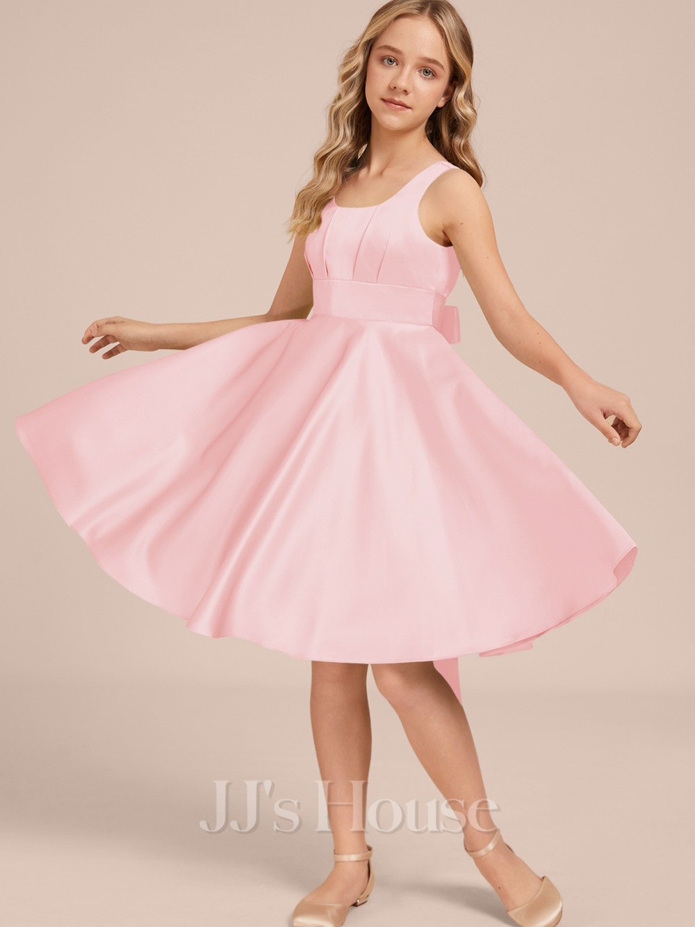 JJs House Light Pink Satin Fit-and-Flare Girls Dress with Bow